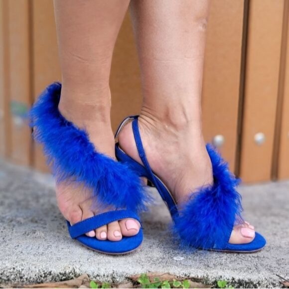 Blue Feathered Fringe Open Toe Single Sole Heels - Picture 2 of 9